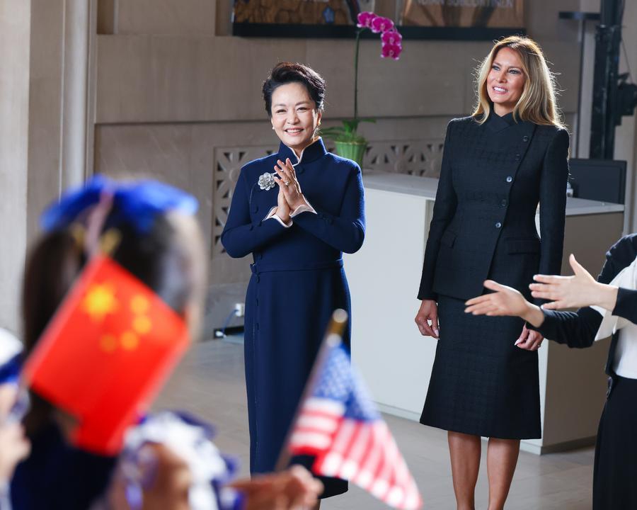Peng Liyuan, wife of Chinese President Xi Jinping, and Melania Trump, wife of U.S. President Donald Trump, visit the National Museum of Asian Art